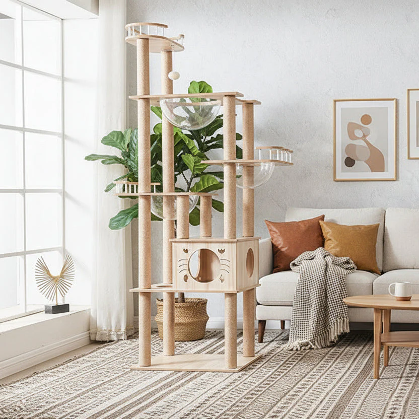 185cm Modern Multi-Level Large Real Solid Wood Cat Tree, Luxury Wooden Cat Tower