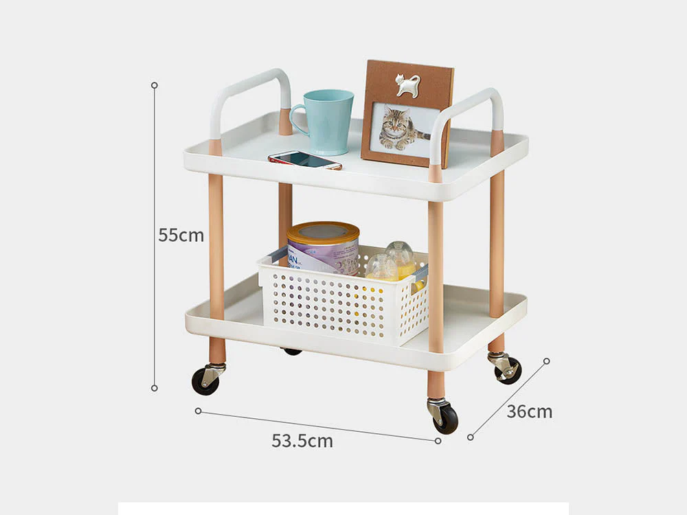 2 Tiers Utility Rolling Cart Multi-Function Storage Rack -White - Image 4
