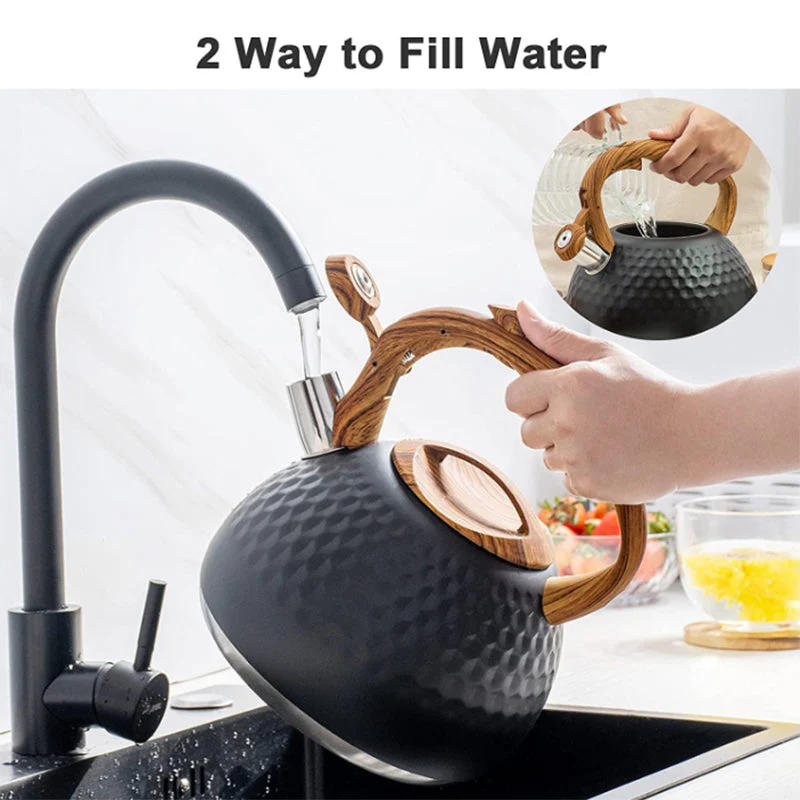 3L Whistling Stainless Steel Diamond Pattern Tea Kettle with Wood Grain Handle Black - Image 2