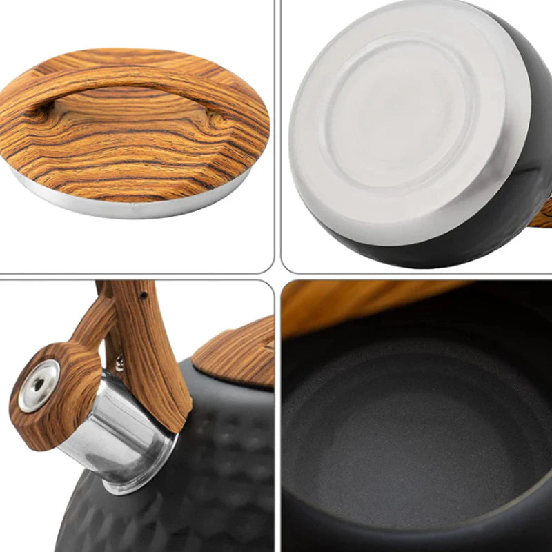 3L Whistling Stainless Steel Diamond Pattern Tea Kettle with Wood Grain Handle Black - Image 5