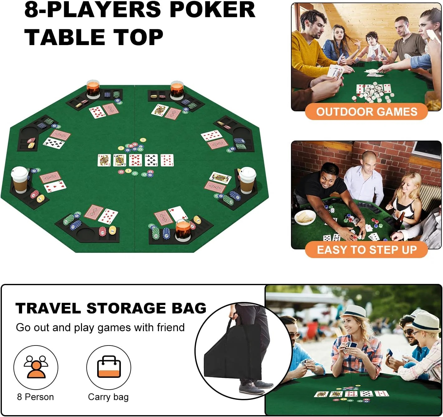 48 Inch Foldable Poker Table Top for 8 Players Chips Tray & Cup Holders Texas - Image 4