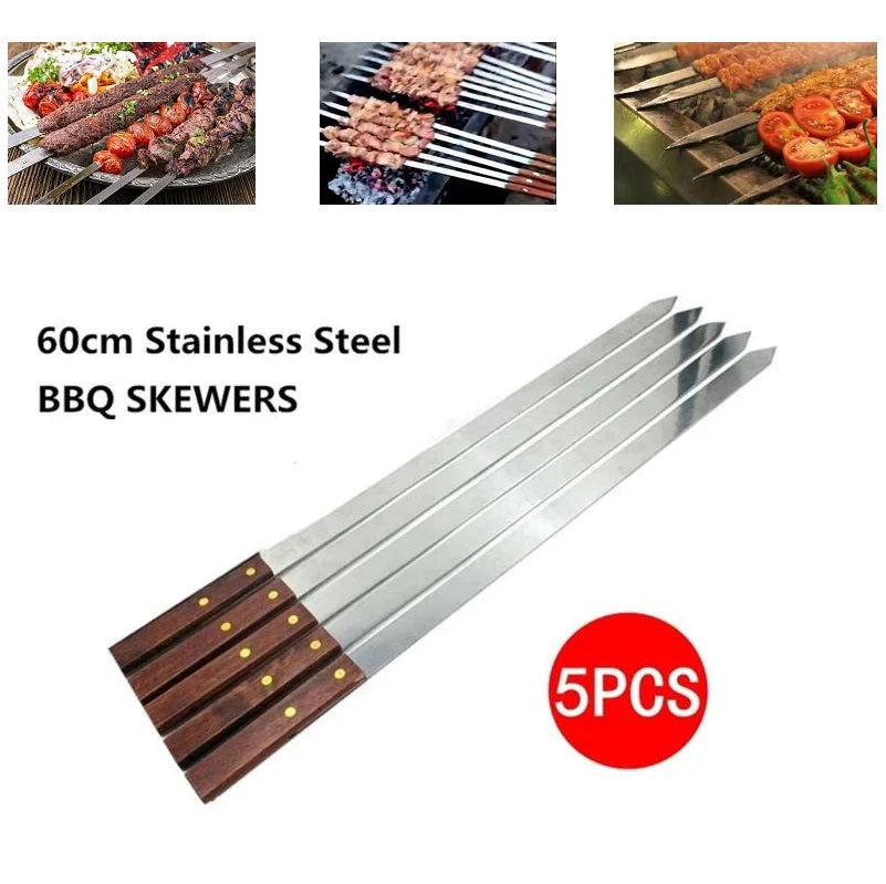 5 x BBQ Skewer Kabob Kabab Plain Medium Classic Flat wooden handle 59CM length - Image 3