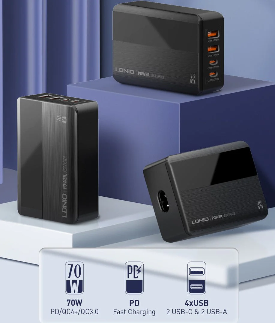 70W USB-C USB Fast Wall charger charging 4 ports with Digital Display - Image 3