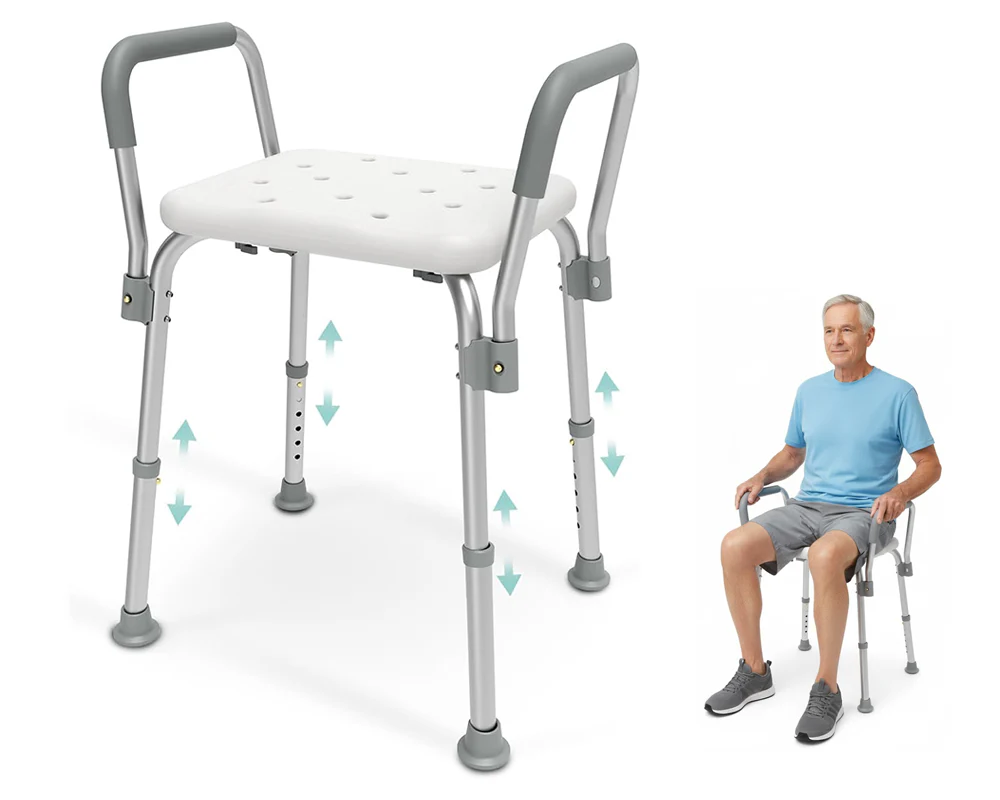 Adjustable Shower Chair Seat Bath Stool with Padded Armrests - Image 6