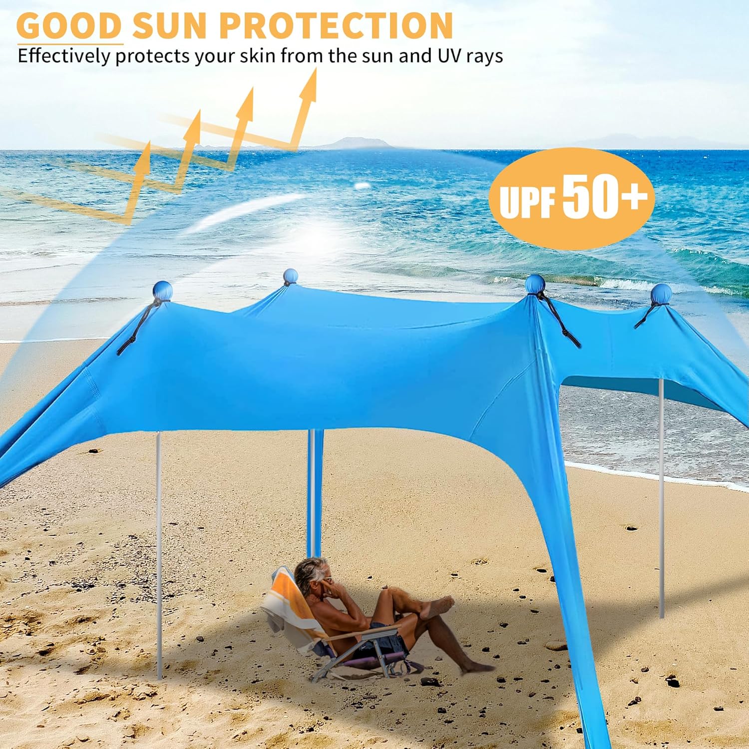 Beach Canopy with 4 Aluminium Poles – UPF 50+ Large Portable Sun Shelter (300 × 300 cm) - Image 6