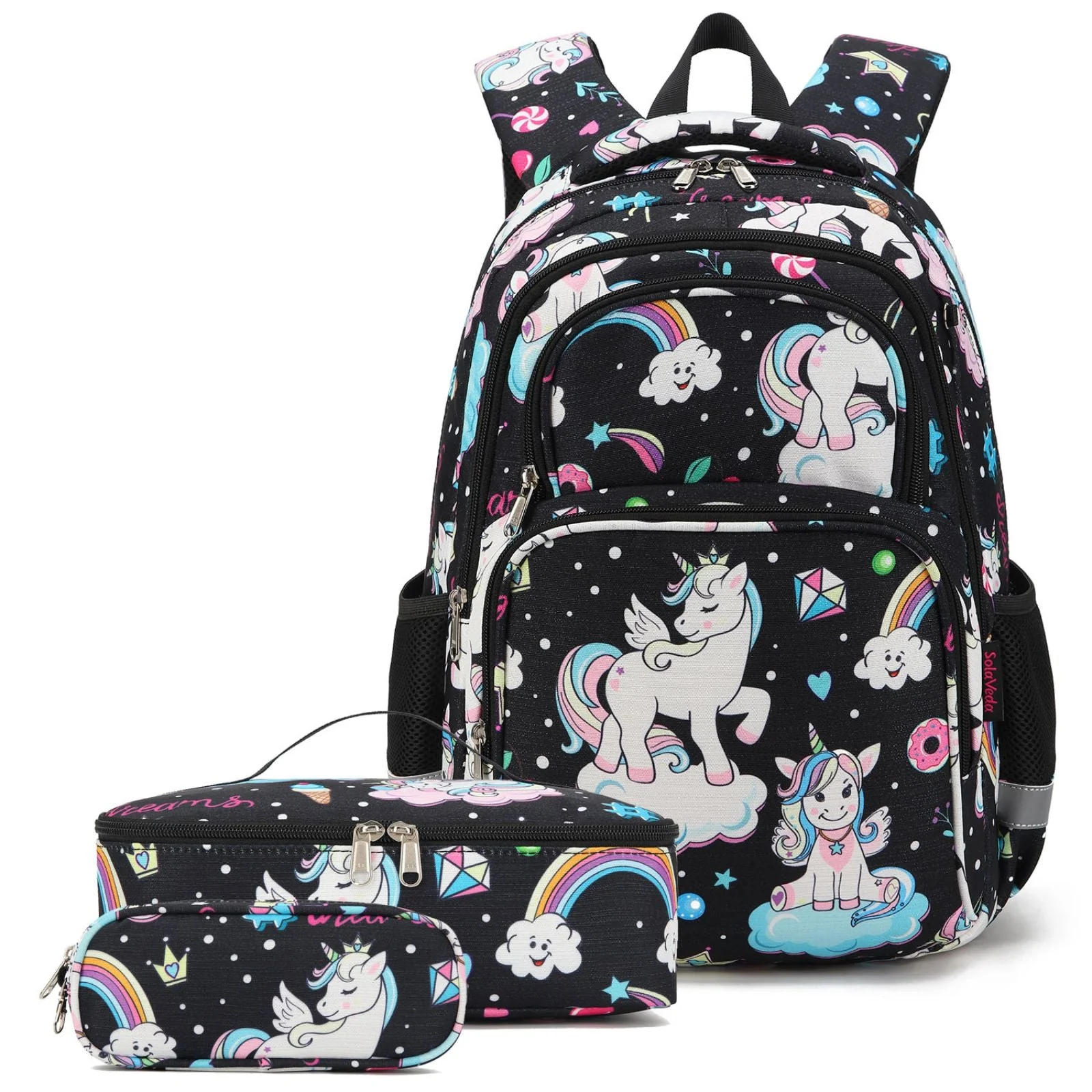 Black Rainbow Unicorn Backpack & Girls School Bags - Image 2
