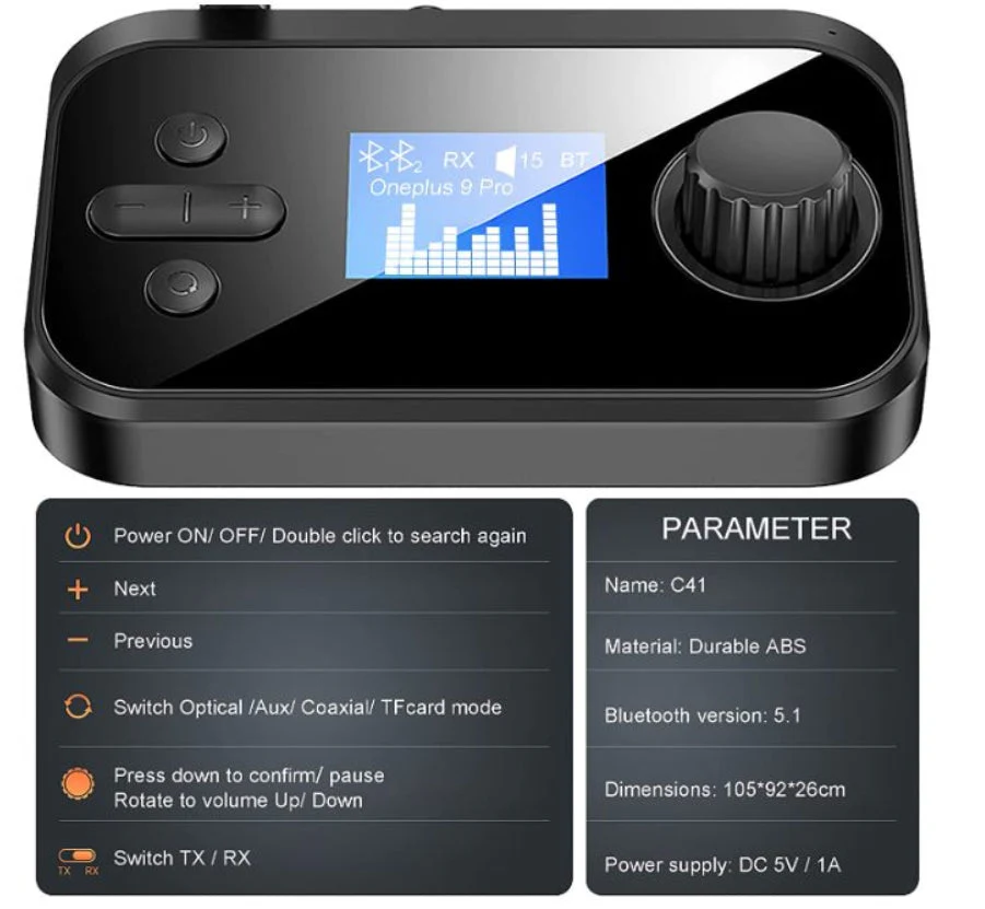 Bluetooth Receiver and Transmitter Bluetooth 5.1 Support 2 Headsets 3.5mm AUX - Image 6