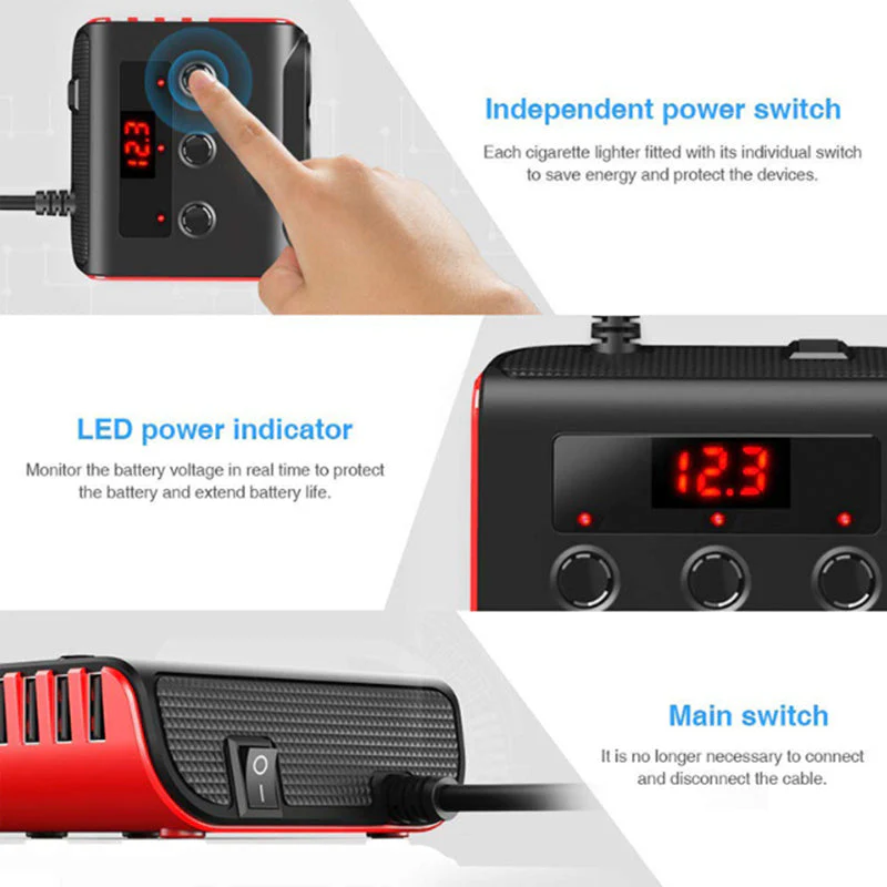 Car Cigarette Lighter Adapter 12V/24V 3-Sockets Vehicles Lighter with 4 USB - Image 6