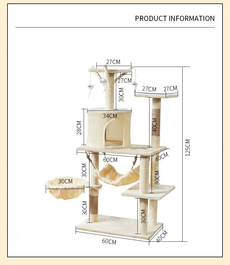 Cat Tree Scratching Post with Mouse 125CM  - Beige - Image 2