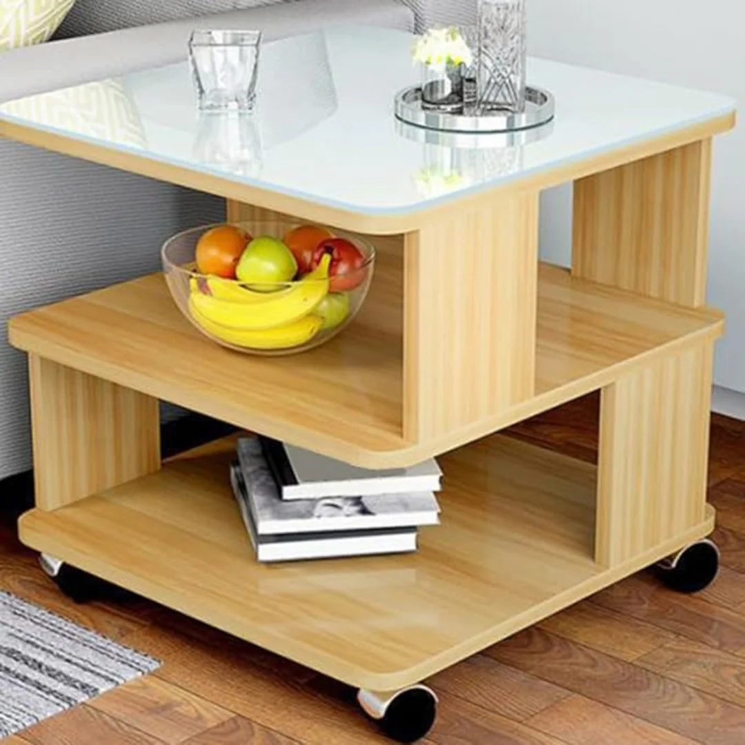 Coffee Table Side Table with Wheels and Glass Top - Image 3
