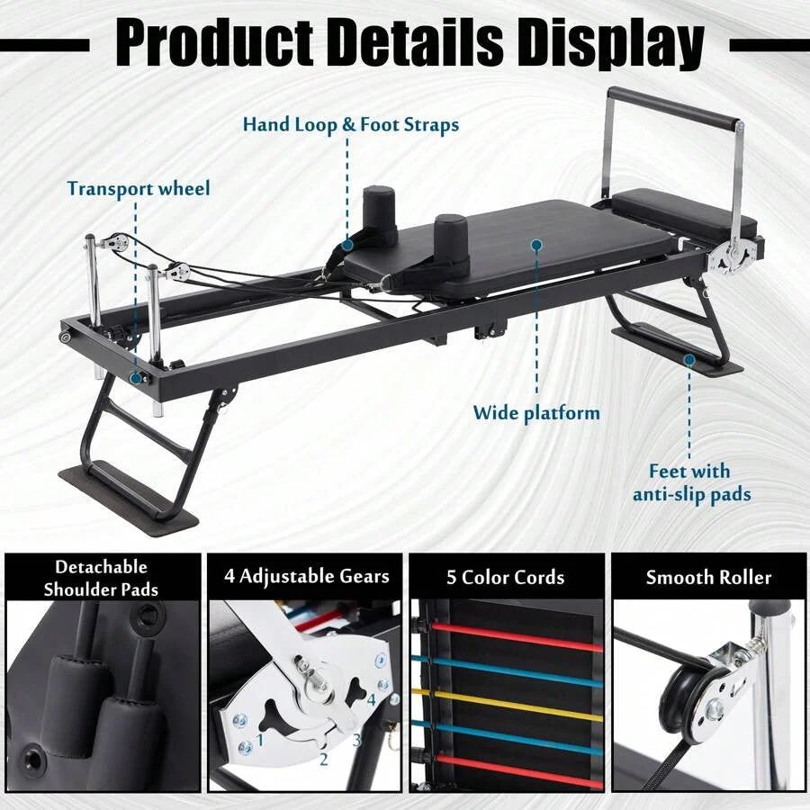 Foldable Pilates Reformer With Headrest Black - Image 11