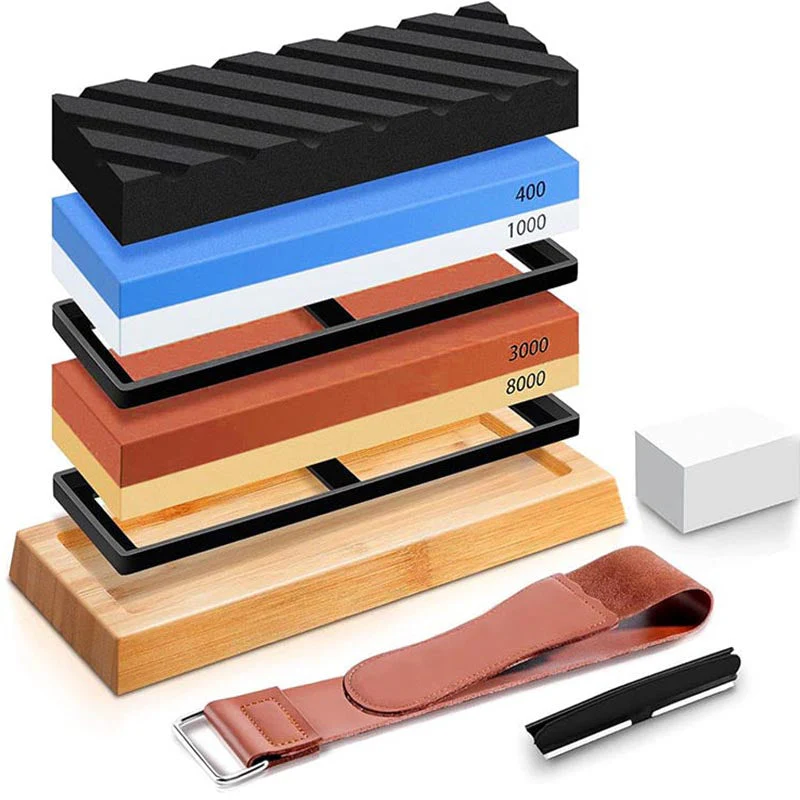 Whetstone Knife Sharpening Stone Set 400 1000 3000 8000 Grit with Bamboo Base