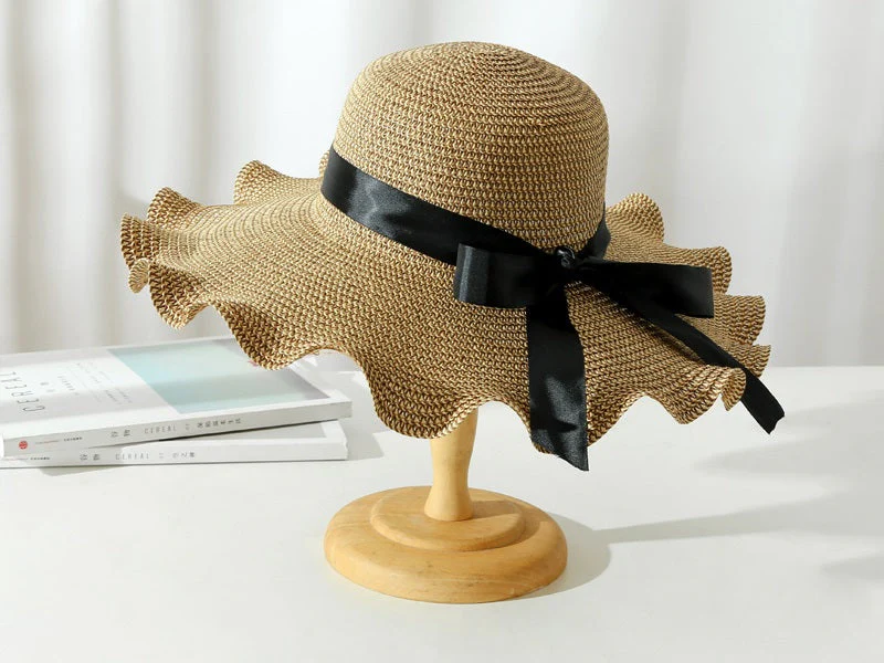 Light Brown - Women Lady Sun Straw Hat Wide Brim Floppy Derby Summer Beach Cap - Image 5