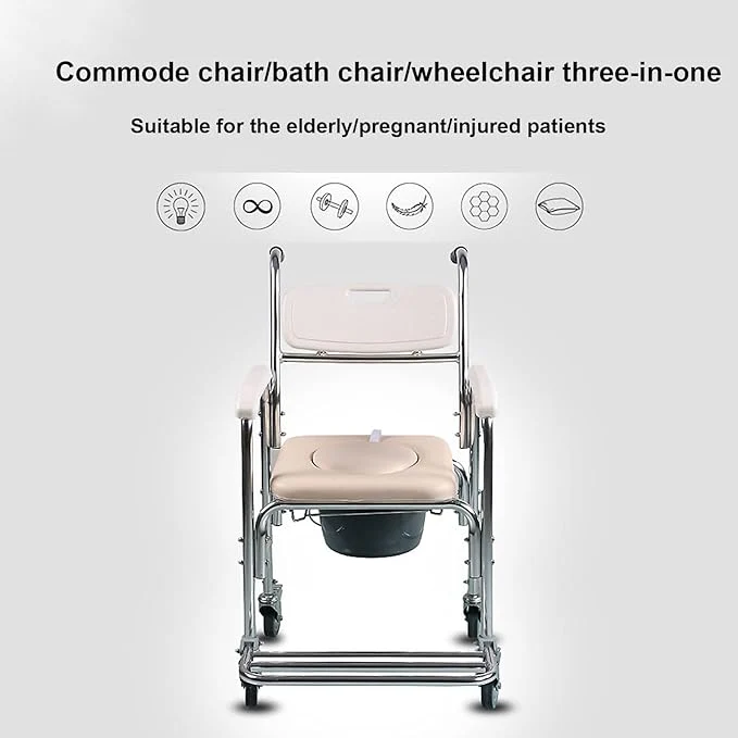 Mobile Shower Toilet Commode Chair Bath Wheelchair 4 in 1 Bath Stool Folding with Arms - Image 11