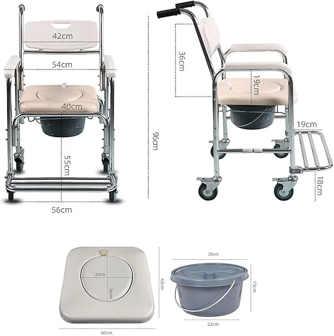 Mobile Shower Toilet Commode Chair Bath Wheelchair 4 in 1 Bath Stool Folding with Arms - Image 3