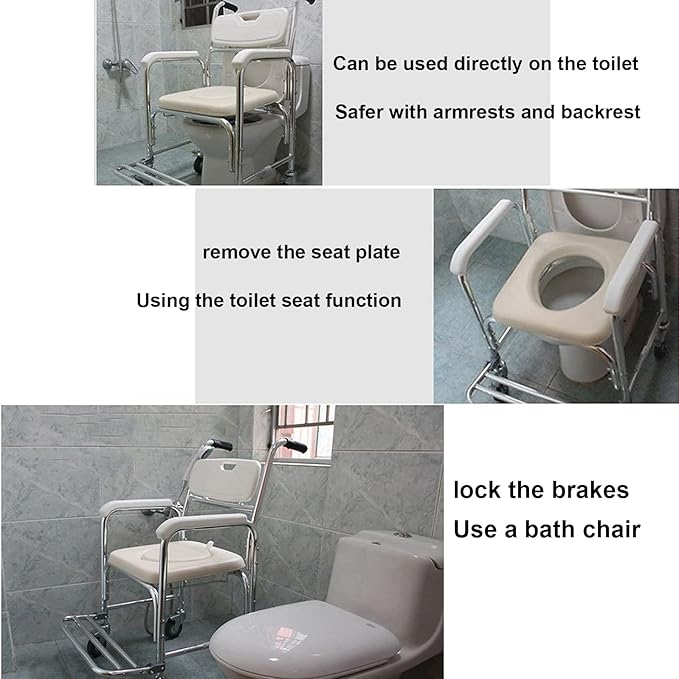 Mobile Shower Toilet Commode Chair Bath Wheelchair 4 in 1 Bath Stool Folding with Arms - Image 7
