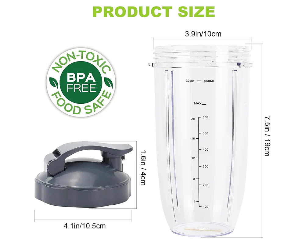 NutriBullet 32oz Cup Set – 2 Pack Tall Blender Replacement Cups with Flip Top Lids & Gaskets (600W/900W) - Image 3
