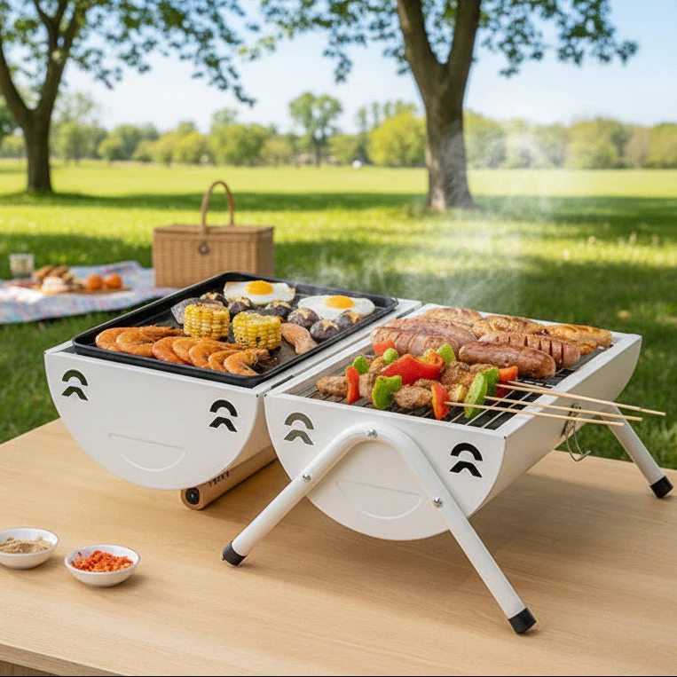 Portable Charcoal Grill Smoke Barbecue Grill Lockable Lid Wooden Handle - Image 6