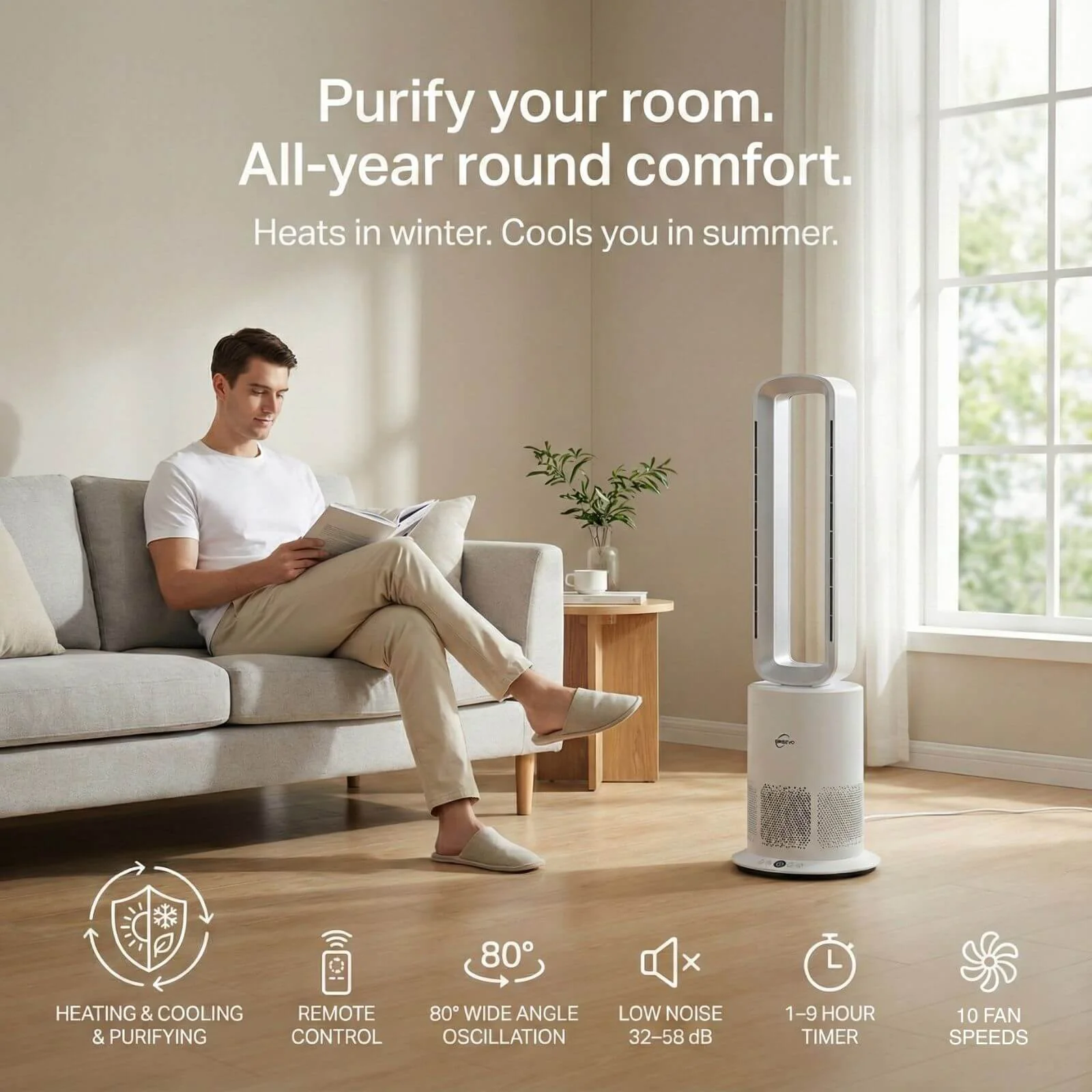 3 in 1 Hot & Cool Bladeless Fan Heater with Air Purifier | PureAir | Silver/White - Image 3