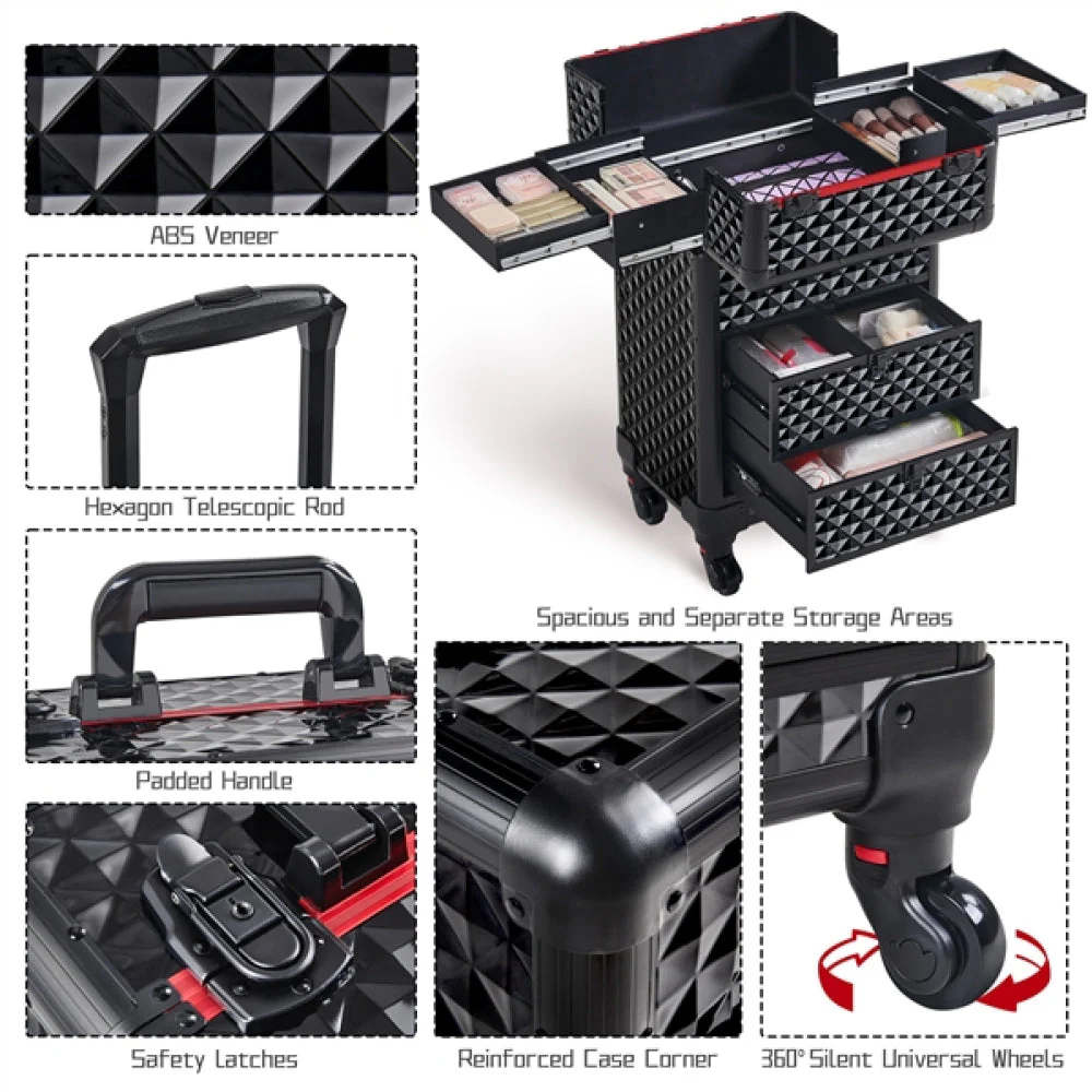 Professional Rolling Makeup Train Case with Drawers - Image 11