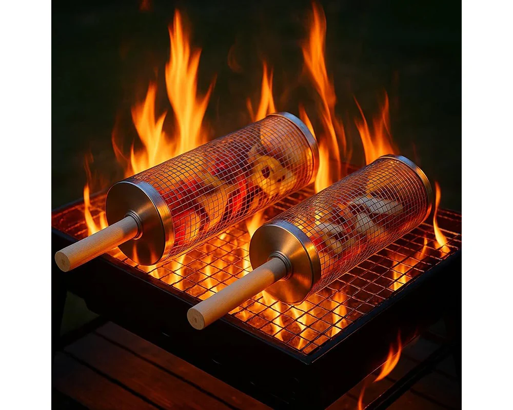 Rolling Grill Basket – Stainless Steel BBQ Net Tube for Meat, Vegetables & Seafood Outdoor Cooking - Image 8
