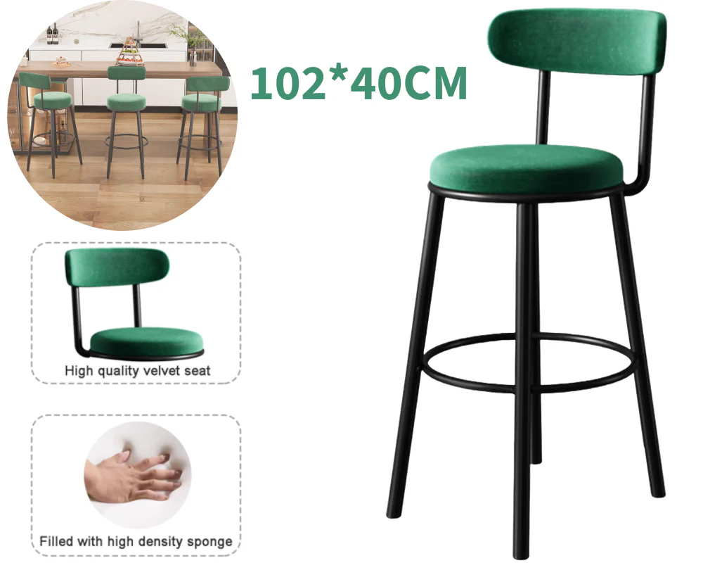 Set of 2 Barstools Modern Green Velvet Bar Stools - Image 6