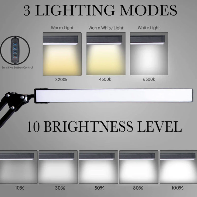 Swing Arm LED Desk Lamp with Clamp 3 Color Modes 10 Brightness Levels Black - Image 4