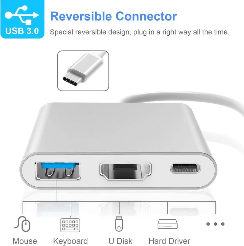 Type C To USB 3.0 HDMI Female 4K Hub Adapter Silver - Image 3