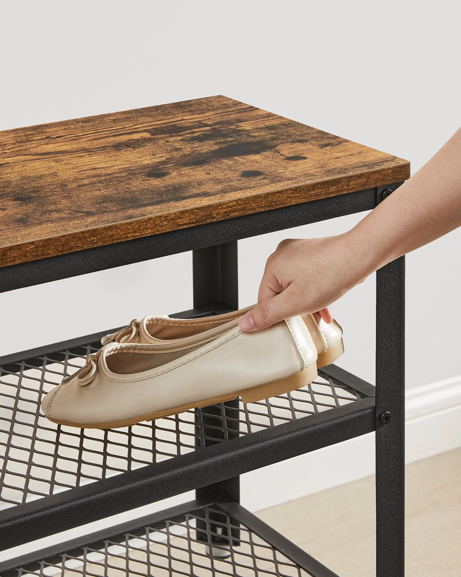 VASAGLE Shoe Storage Bench Rack with 2 Shelves - Rustic Brown - Image 4