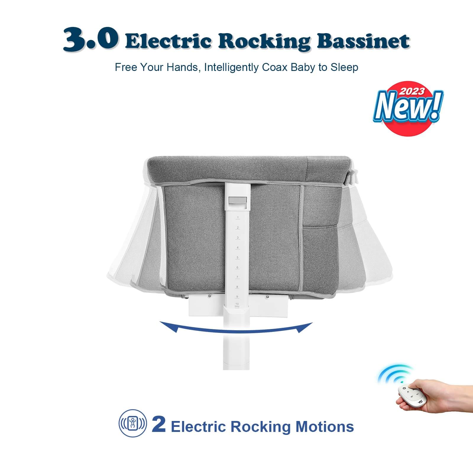 White Portable & Adjustable Electric Baby Crib/ Baby Bassinet Bedside Sleeper 2 Rocking Motion - Image 3