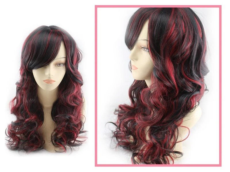 Women Long Wig Black with Red Synthetic Hair Full Wigs High Quality - Image 2