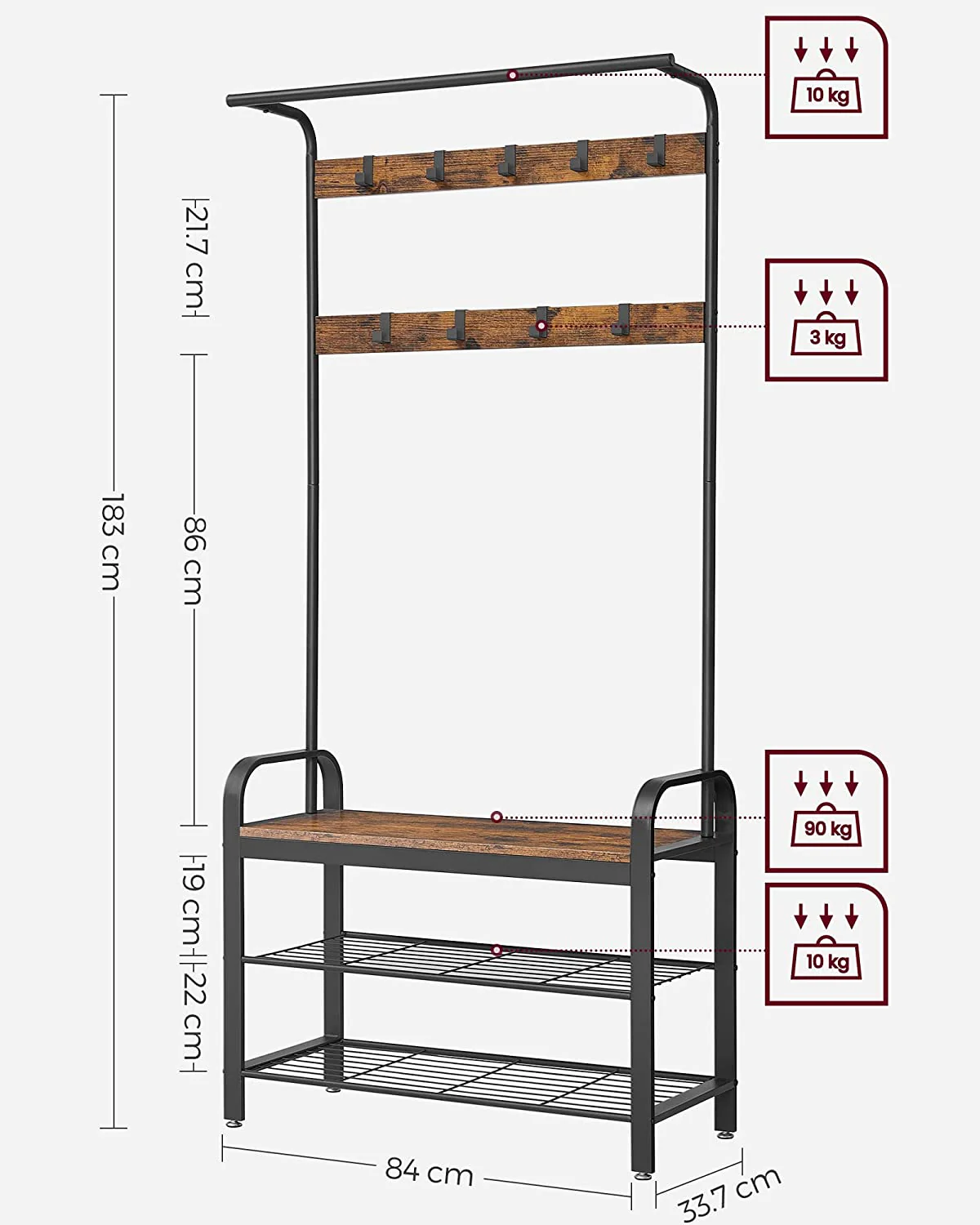 Wooden Coat Rack with Shelves Hooks by VASAGLE - Image 4